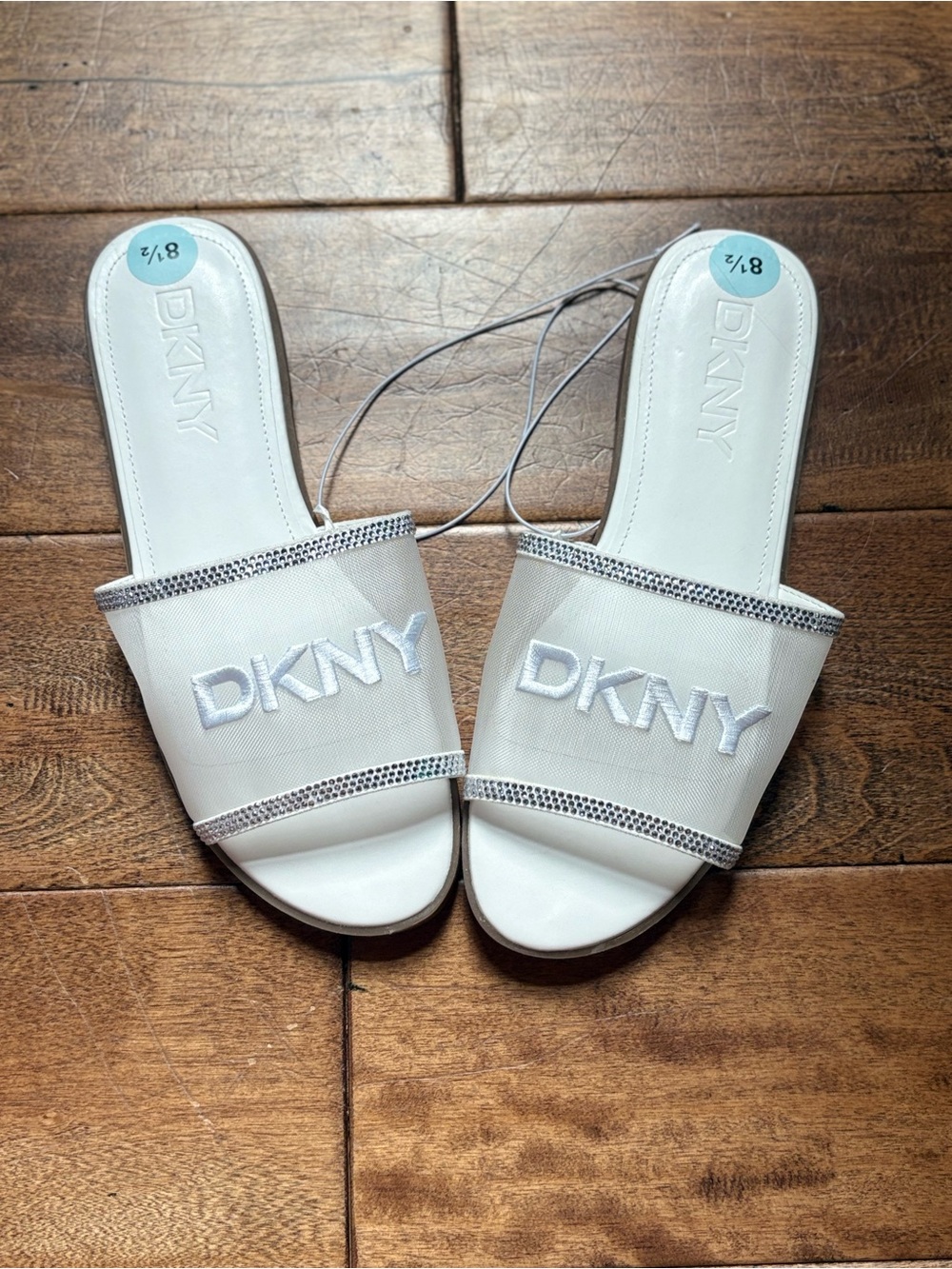 NWT DKNY White Mesh Logo Slide Sandals with Rhinestone Trim